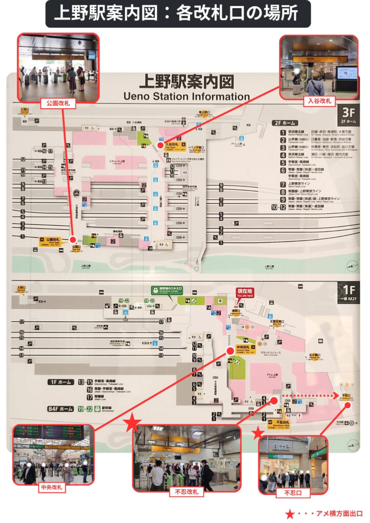 上野駅構内図：不忍改札と不忍口の場所