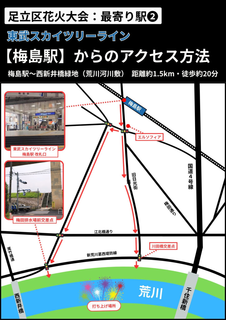 東武鉄道梅島駅から足立の花火会場へのアクセス方法
