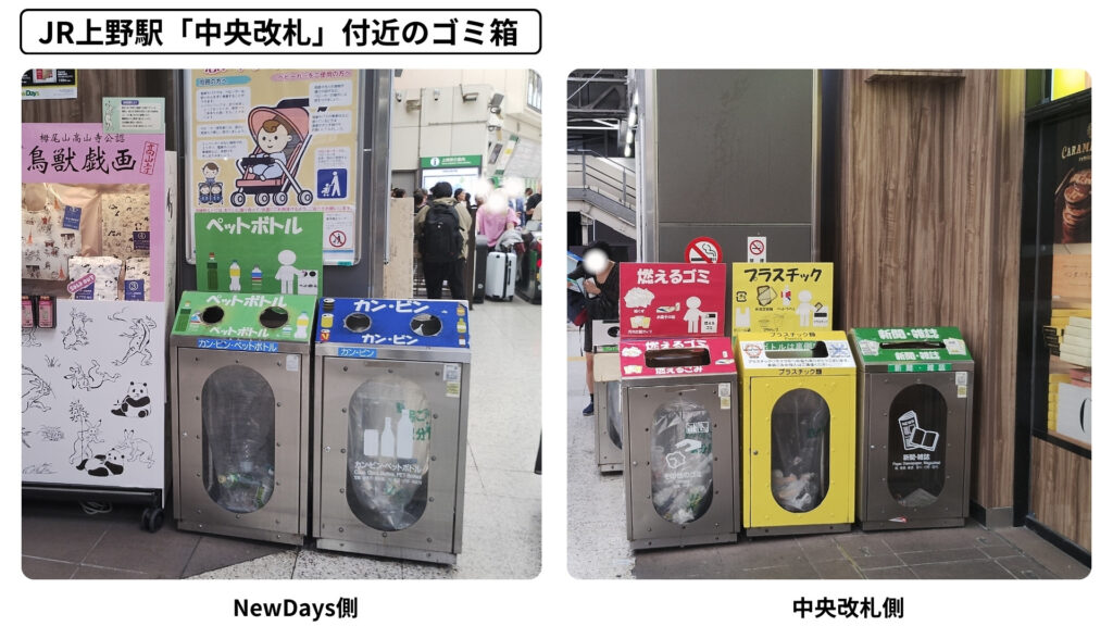 JR上野駅中央改札付近に設置されたゴミ箱