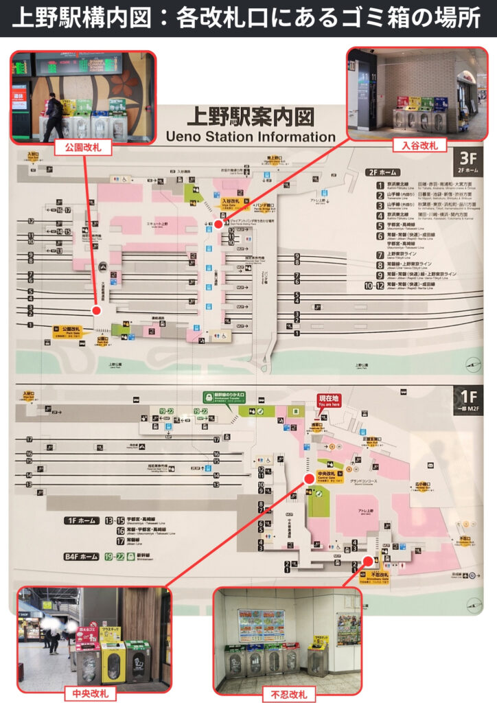 上野駅構内図：各改札口に設置されたゴミ箱の場所