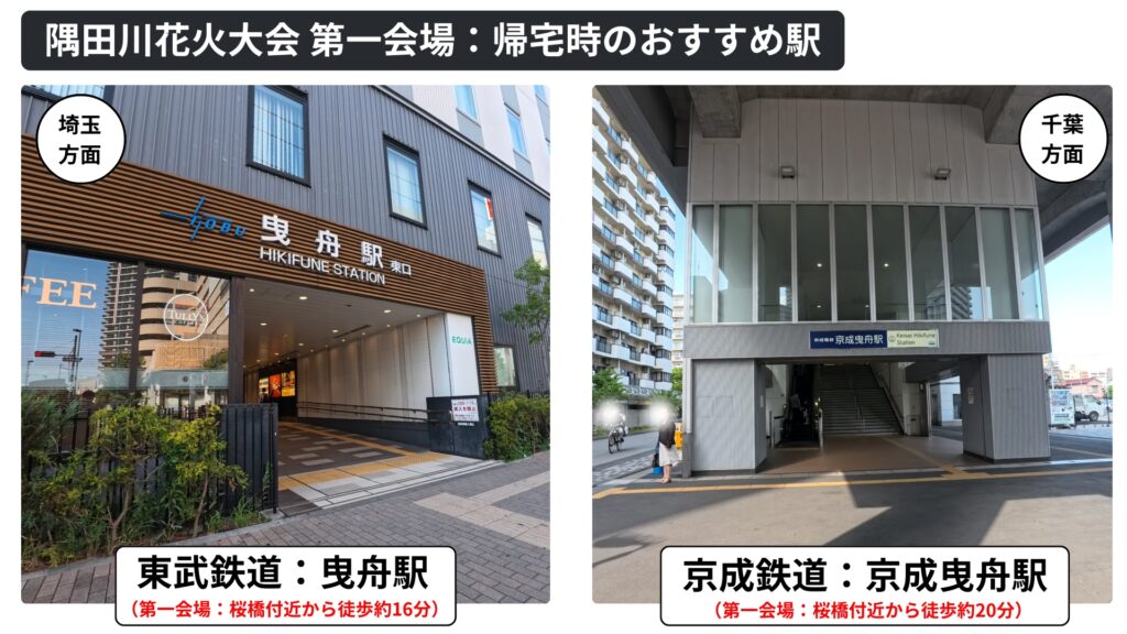 【曳舟駅】隅田川花火大会第一会場：帰宅時のおすすめ駅