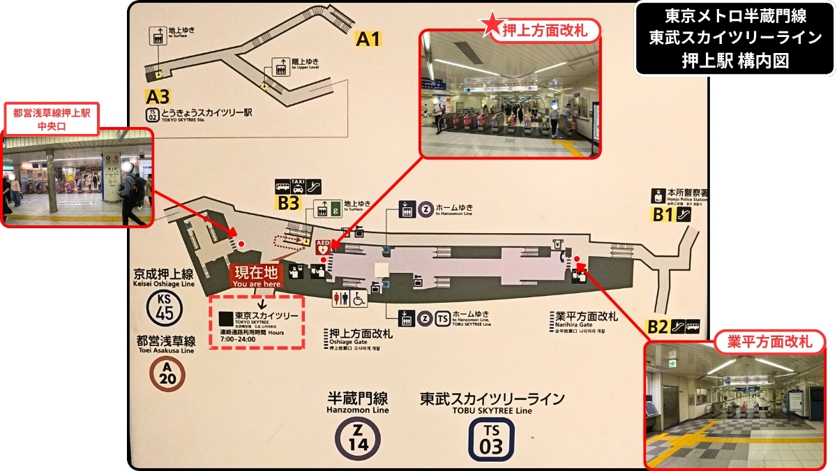 東京メトロ半蔵門線押上駅構内図：改札口の場所
